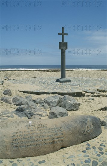 NAMIBIA, Cape Cross, Site of the first Portugese landing on the Namibian Coast in 1485 with engraved stone and Cross monument