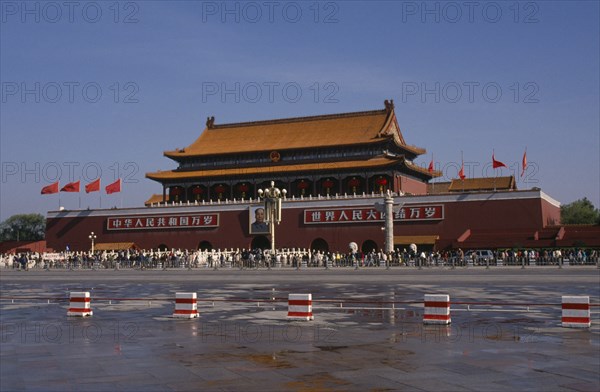 CHINA, Beijing, Tiananmen Square, Meaning Gate of Heavenly Peace. View over the square with queues of people at the far side