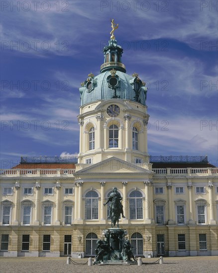 GERMANY, Berlin State, Berlin, Charlottenburg Palace frontage and courtyard showing the copper dome and bronze statue