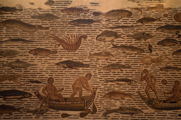 TUNISIA, Sousse , Roman mosaic dating from the 2nd Century AD depicting the richness and variety of fish in the Mediterranean sea