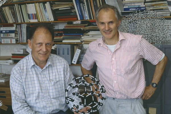 HEALTH, Science, Nobel Prize 1996, Professors David Walton and Harry Kroto with Buckminsterfullerene molymod structure