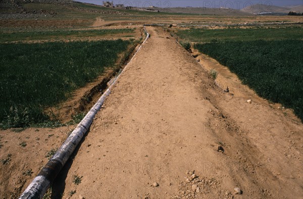 JORDAN, Water, Waste water re-use project.  Pipeline through cultivated area in the Jordanian desert