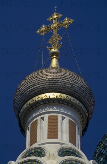 FRANCE, Cote d’Azur, Nice, "A cross on top of the dome of Saint Nicholas, Russian Church."