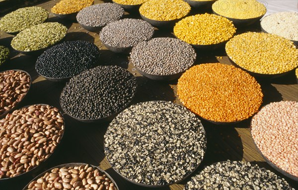 INDIA, Uttar Pradesh, Delhi , Display of Nuts and Pulses in dishes