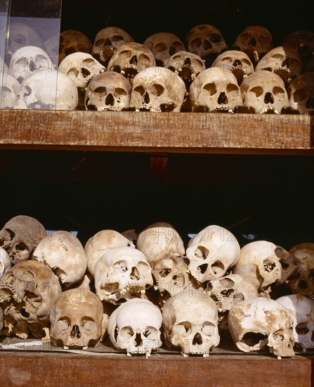 CAMBODIA, Choeung Ek, Choeung Ek Killing Fields Memorial Stupa containing  skulls of victims of the Khmer Rouge.