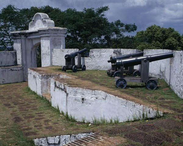 MALAYSIA, East Coast, Malacca, "St Johns Fort, remains of Dutch fort, white walled bastion,canons "