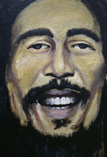 WEST INDIES, Jamaica , Kingston, Bob Marley Museum mural.