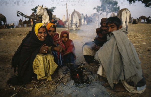 INDIA, Rajasthan , People, Rajasthani family huddled around small fire in desert area with cattle tethered behind.
