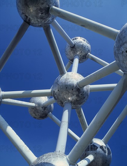 BELGIUM, Brabant  , Brussels, "Detail of the Atomium. There are nine steel spheres, housing exhibition spaces and a restaurant, connected via tubes with escalators. "