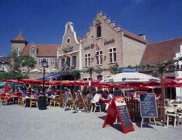 BELGIUM, Brussels, Heysel, Outdoor restaurants and umbrellas in the Bruparck Complex.