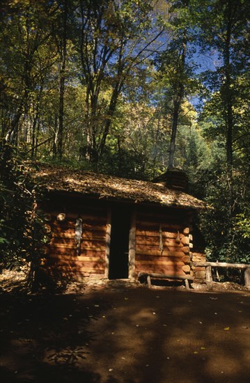 USA, North Carolina, Building, "Cherokee Reservation, Oconaluftee Indian Village. Reconstruction of 18th century home. "