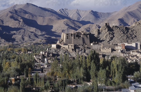 INDIA, Ladakh, Leh, Hillside palace overlooking the town surrounded by mountainous terrain