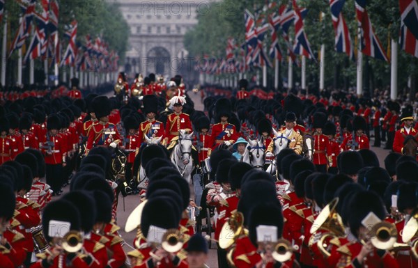 SOCIETY, Military, Army, The Queen and Prince Phillip returning down The Mall with Guardsmen after Trooping The Colour Ceremony