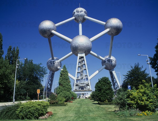 BELGIUM, Brabant, Brussels, "The Atomium and garden. There are nine steel spheres, housing exhibition spaces and a restaurant, connected via tubes with escalators. "