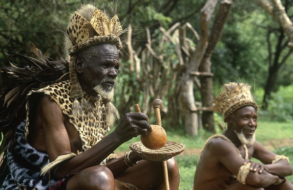 SOUTH AFRICA, KwaZulu Natal, Melmoth, "Old Zulu man in leopard skin and friend, strategist in Shaka's campaigns."