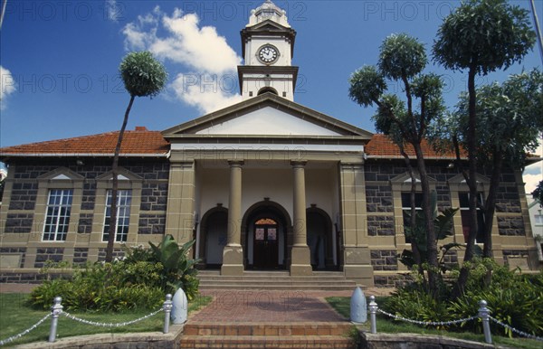 SOUTH AFRICA, KwaZulu Natal, Ladysmith, "Town Hall, exterior facade with colonnaded entrance and clock tower."