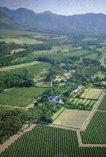 SOUTH AFRICA, Cape Province, Boschendal Estate Wine Estate.  Aerial view over vineyards and winery with mountains in the background.