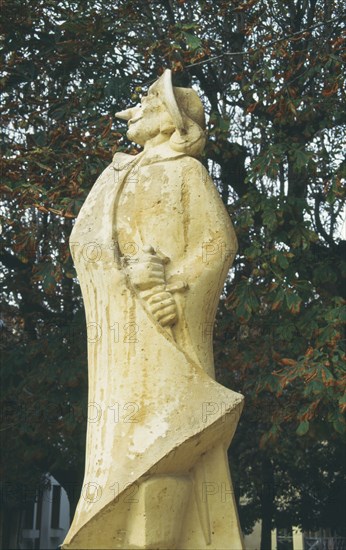 FRANCE, Aquitaine, Bergerac, Restored statue of Cyrano De Bergerac in a small square in the Dordogne