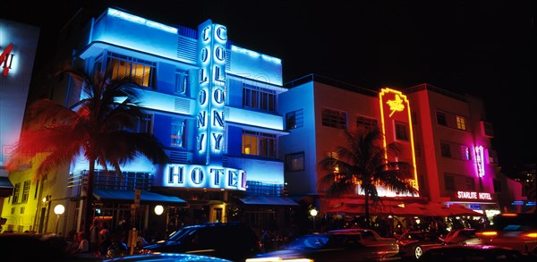 USA, Florida , Miami, South Beach. Ocean Drive Art Deco Buildings at night Colony Hotel with neon lights