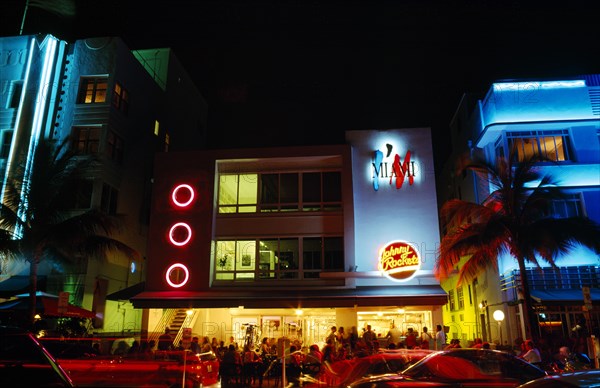 USA, Florida , Miami , South Beach. Ocean Drive Art Deco Buildings at night Johnny Rockets restaurant