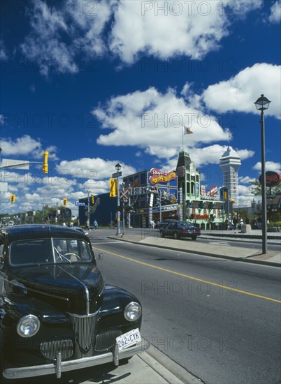 CANADA, Ontario  , Niagara Falls, Victoria Avenue Old Car outside Gangster Museum Clifton Hill Behind