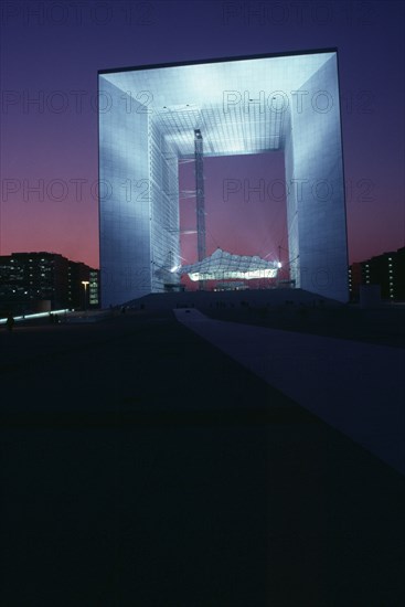 FRANCE, Ile De France, Paris, La Grande Arche at La Defence illuminated at night