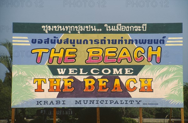 THAILAND, Krabi, Hoarding in Krabi town with poster welcoming the makers of the film The Beach.