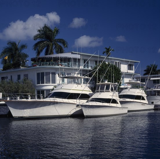 USA, Florida,  Fort Lauderdale, Yachts moored in inland waterway