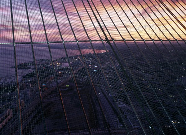CANADA, Ontario , Toronto, View towards Niagara from the top of the CN Tower at sunset.