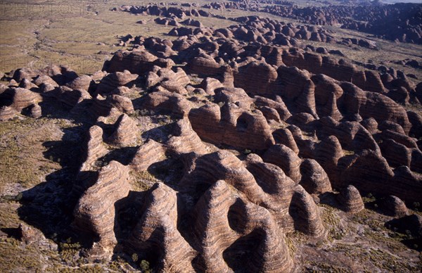 AUSTRALIA, Western Australia, Purnilulu National Park, Aerial view over striped rock towers