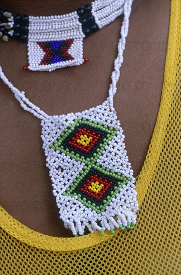 SOUTH AFRICA, KwaZulu Natal, Melmoth, Detail of colourful Zulu bead necklace