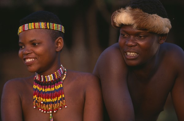 SOUTH AFRICA, KwaZulu Natal, Shakaland, "Zulu couple with traditional head wear, hers is an ujelasi. "