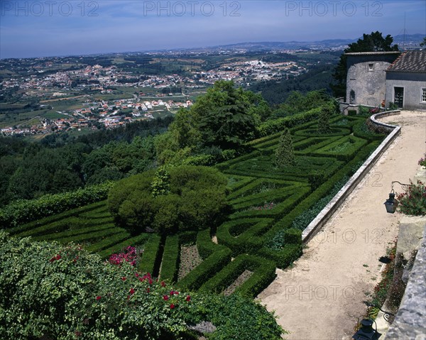 PORTUGAL, ESTREMADURA , Sintra -, Pena Palace view from over surrounding country side gardens in foreground