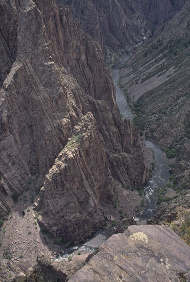 USA, Colorado, Black Canyon of the Gunnison National Monument. View over Gunnison River at the bottom of steep rocky canyon
