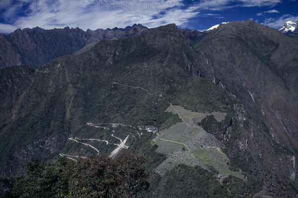 PERU, Cusco , Machu Picchu, Aerial view over ruined Inca City Cuzco