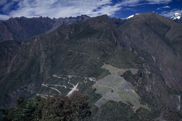 PERU, Cusco , Machu Picchu, Aerial view over ruined Inca City  Cuzco