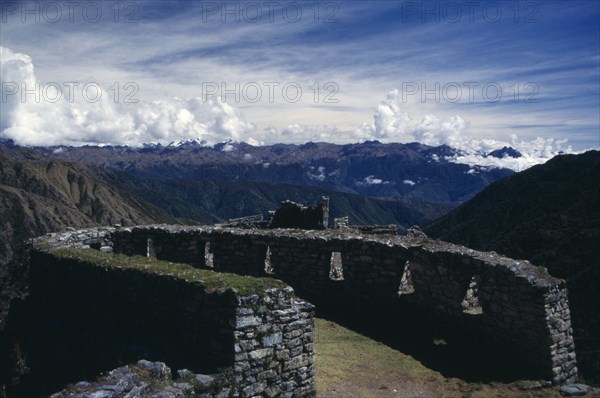 PERU, Cusco , Sayajmarca , Inca ruins on the Inca trail to Machu Picchu with views of the surrounding landscape  Cuzco
