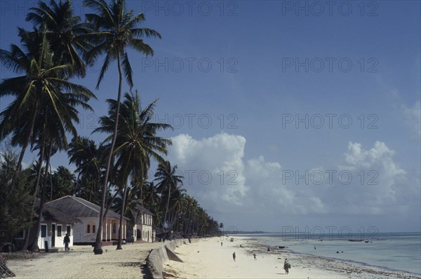 ZANZIBAR, Jambiani, "White sandy palm fringed beach with cyclist, car and people walking along"