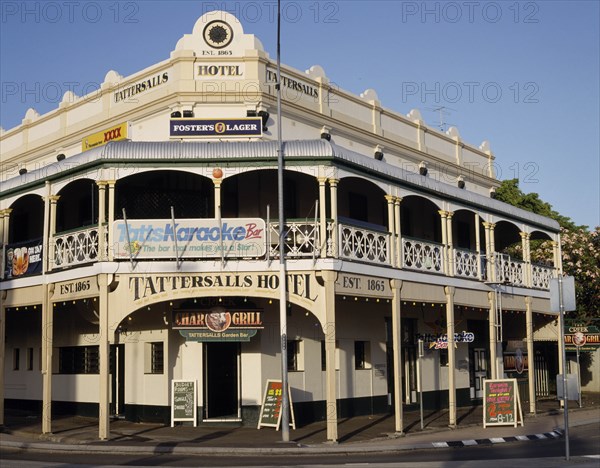 AUSTRALIA, Queensland, Townsville, Tattersalls Hotel a traditional timber building with a wrought iron balcony and a Karaoke bar inside