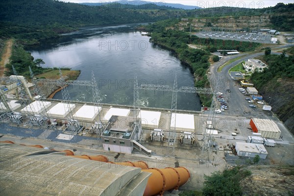 GHANA, Ajena, Akosombo Dam on the Volta River completed in 1965. Feed pipes from dam wall.