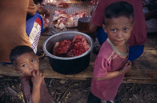THIALAND , North, Mae Sariang, Karen refugees in Mae Lui village. Two children standing by bucket of raw bloodied meat