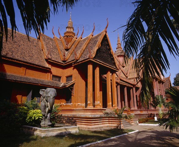 CAMBODIA, Phnom Penh, National Museum of Khmer Art and Archaeology. Exterior and elephant statue.