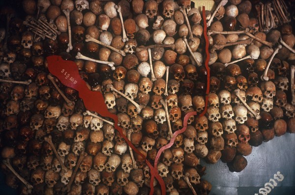 CAMBODIA, Phom Pehn, Map of Cambodia made from the bones of victims of the Khmer Rouge Tuol Sleng  prison camp.