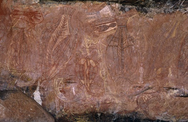 AUSTRALIA, Northern Territory, Kakadu National Park, Ubirr Rock detail of Aboriginal painting.  Also known as Obiri Rock.