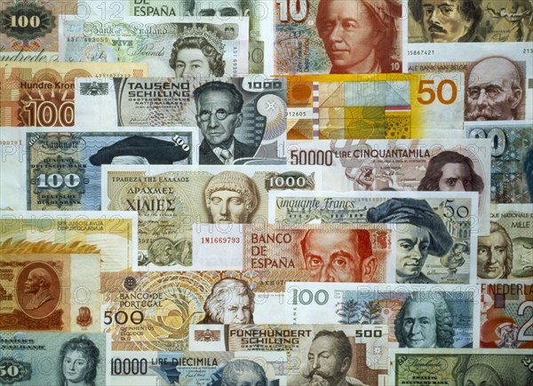 BUSINESS,  , Finance, Various foreign currency banknotes.