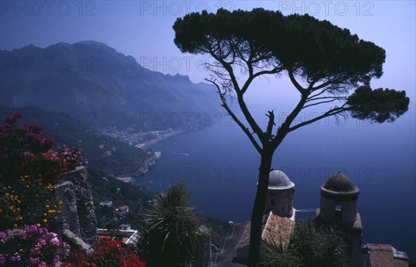 ITALY, Campania, Ravello, View of Amalfi coast from Villa Rufolo with a tree in foreground