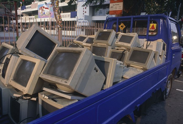 SINGAPORE, Little India, Pickup truck full of old computers for disposal