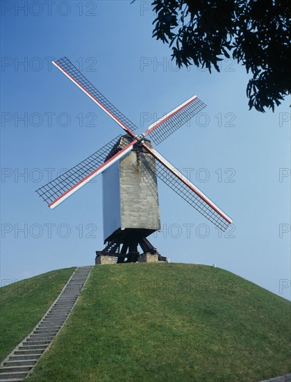 BELGIUM, West Flanders, Bruges, "Molen, Bonne Chiere, wooden post windmill "