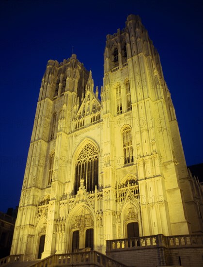 BELGIUM, Brabant, Brussels, "The Saint Michael, Saints Michel, and Gudule Cathedral illuminated at night."