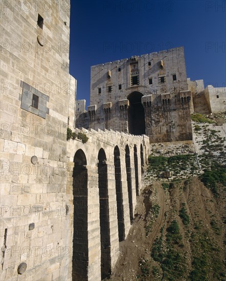 SYRIA, Aleppo, Halab, "The Citadel, stone, fortified, arched viaduct walk to entrance "